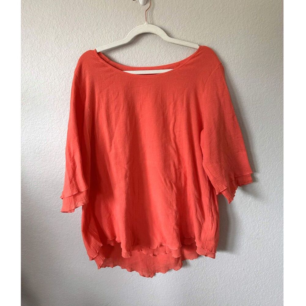 Soft Surroundings Coral Gauze Layered Hem Top Large L Crinkle Knit 3/4 Sleeve